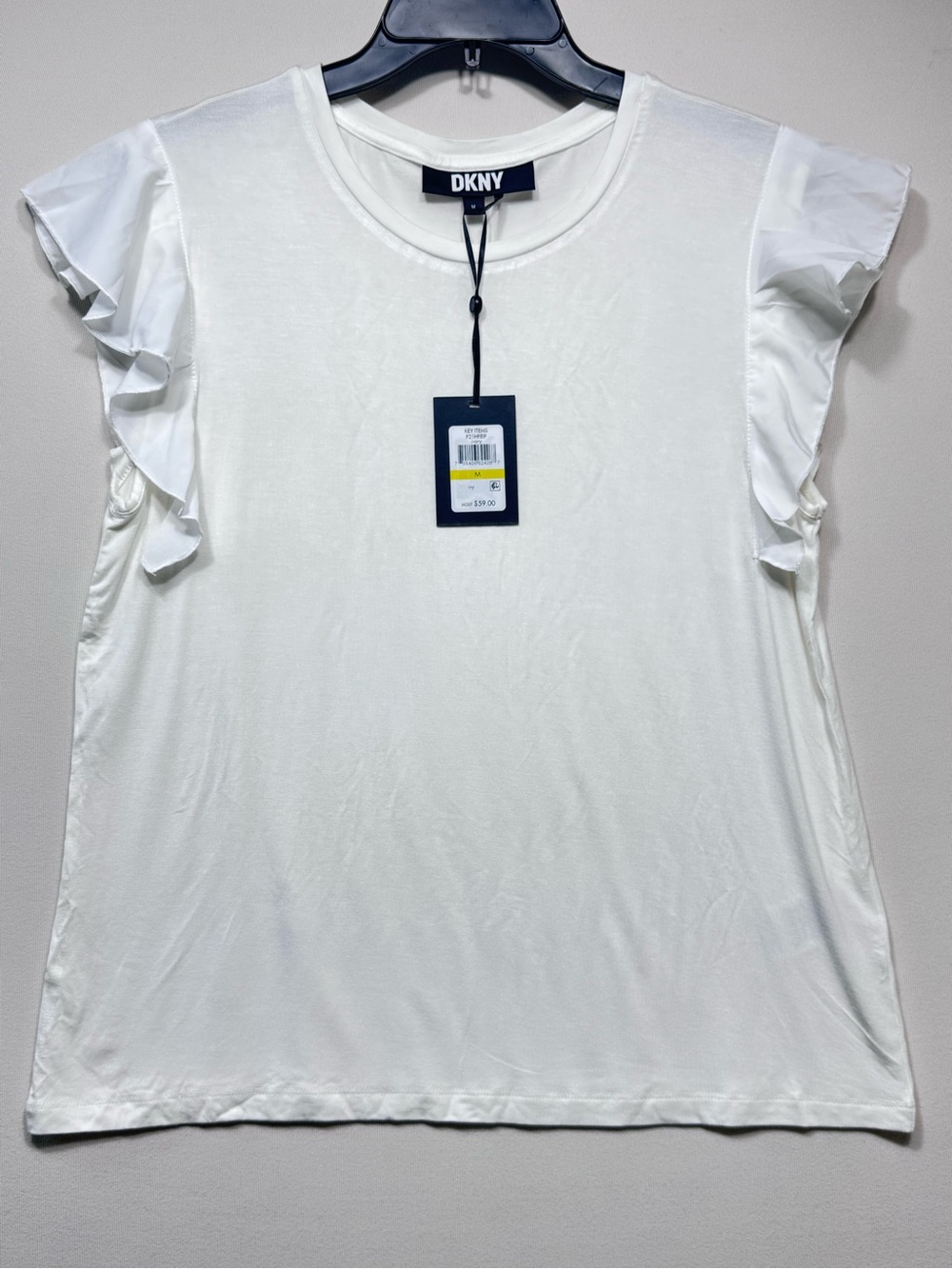 DKNY White Flutter/Ruffle Sleeve crew neck T-Shirt,